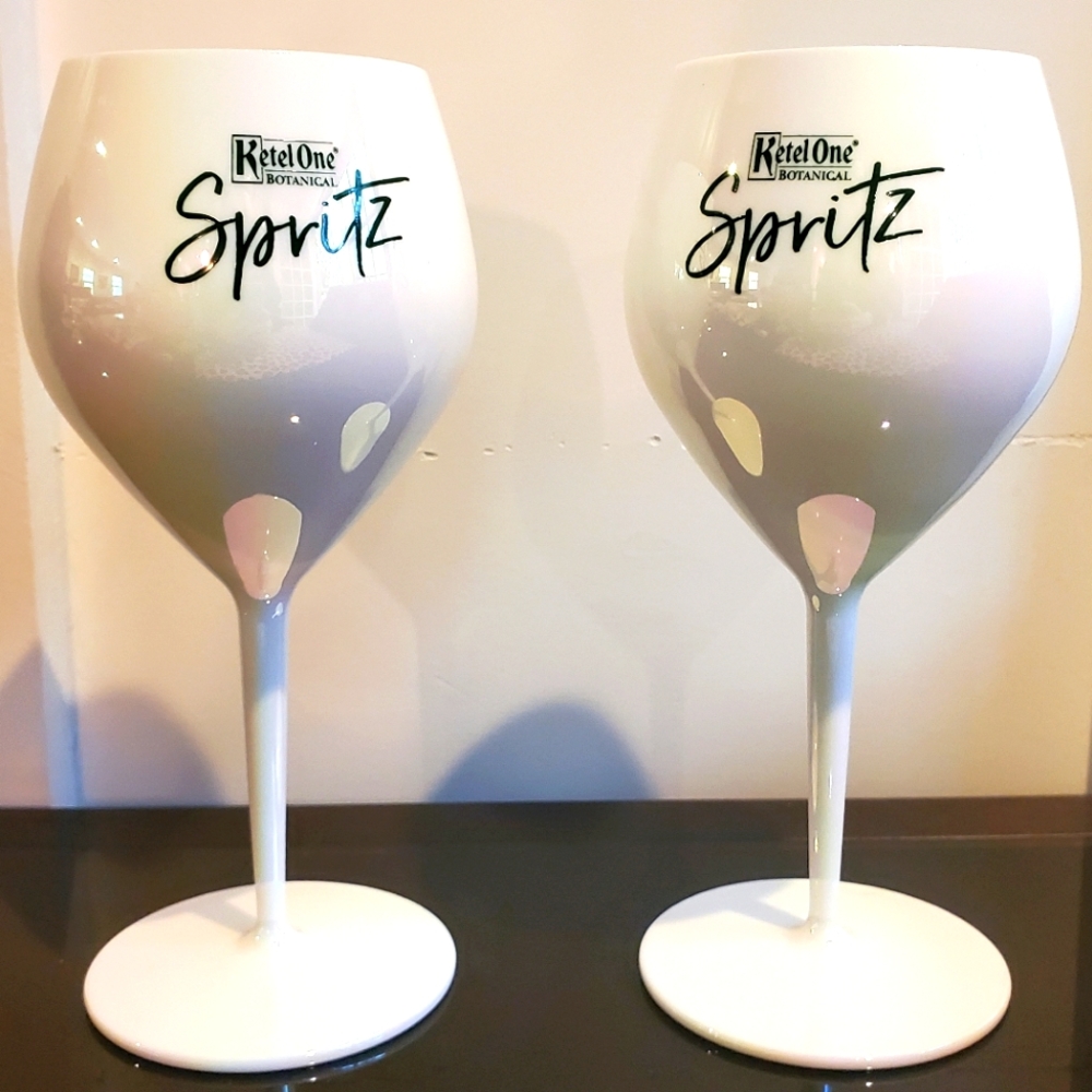 Two Ketel One Botanicals iridescent plastic spritz/wine glasses